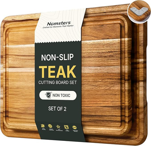2 Pack Teak Wood Cutting Board for Kitchen Book Wooden Chopping Board Charcuterie Board Non Slip Over Sink Teak Wood NOT Bamboo Acacia Olive