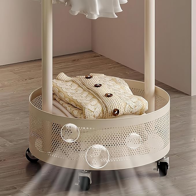 Rolling Coat Rack with Wheels, Freestanding Garment Rack with 6 Hooks & Mesh Storage Basket, Portable Clothing Rack Stand for Entryway, Bedroom, Closet, Cream White(Off-White)