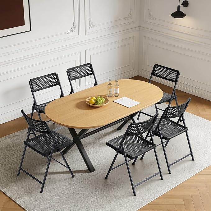 4-Pack Black Folding Chairs, Mesh Plastic Seat with Steel Frame, 400 lbs Capacity, Non-Slip Pads, Easy Clean for Indoor/Outdoor Weddings, Patios & Card Tables