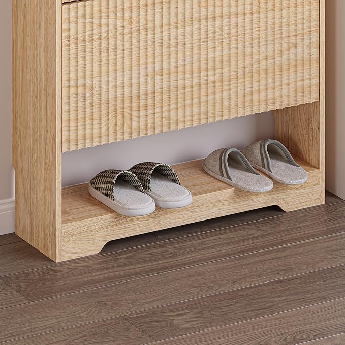 BORNOON Shoe Cabinet with 2 Flip Drawers, Fluted Shoe Storage Cabinet with Adjustable Shelves, Freestanding Rack and Organizer for Entryway, Hallway