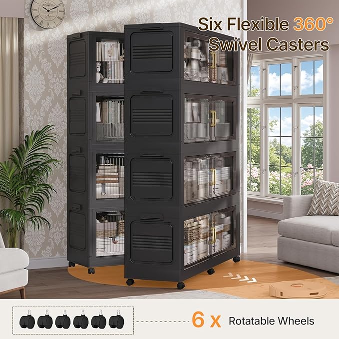 Extra Large Stackable Storage Bins with Lid, 280Gal/1120QT Foldable Collapsible Storage Box with Doors, Wheels and Drawers, Plastic Closet Organizer Container for Kitchen, Bedroom, Dorm, 4Pack