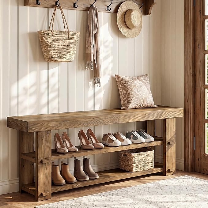 Solid Wood Entryway Bench, 55'' End of Bed Bench with 2-Tier Shoe Storage Shelves, Farmhouse Shoe Bench for Entryway, Hallway, Bedroom, Mudroom, Rustic Brown