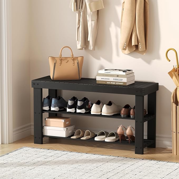 NEWBULIG Shoe Rack Bench, 3-Tier Bamboo Shoe Organizer, Wooden Entryway Storage Bench, 286 lb Load Capacity, 11.2x35.5x17.9 Inches, for Entryway Bathroom Bedroom Balcony, Black