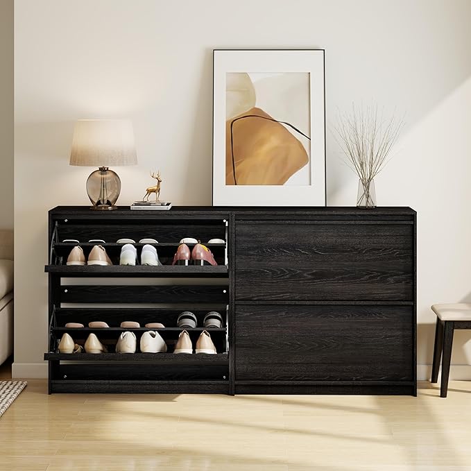 Shoe Cabinet with 2 Flip Drawers, Modern Narrow Shoe Storage Cabinet Organizer with Adjustable Shelf, Hidden Freestanding Shoe Rack for Entryway, Hallway, Living Room, Black