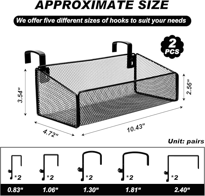 Zubebe 2 Pcs Bedside Caddy Shelf for Bunk Bed Hanging Storage Basket with 10 Pairs Hooks Black Metal Organizer for Office Cubical Walls College Dorm Hospital Bed,Book,Phones,Drinks,Plant