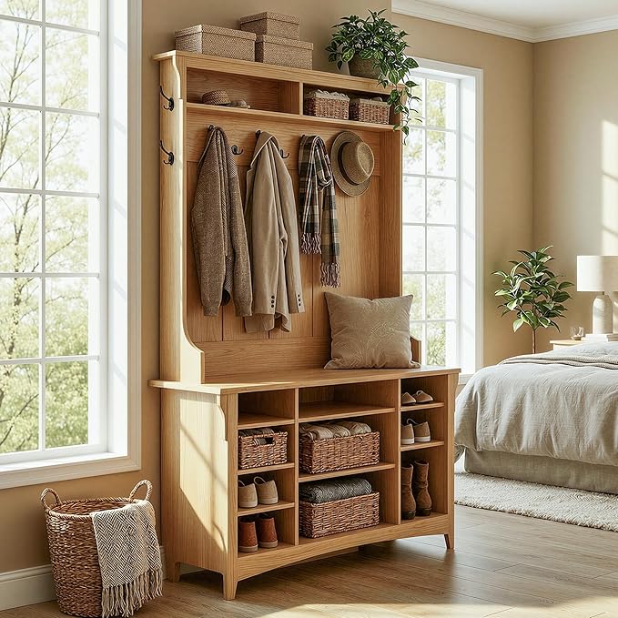 IRONCK 80" H 47" W Large Hall Tree with Bench and Shoe Storage, 6-in-1 Entryway Bench with Coat Rack, Adjustable Shelf, Hanging Hooks, 11 Shoe Cubbies, 2-Tier Top Storage for Entryway and Bedroom, Oak