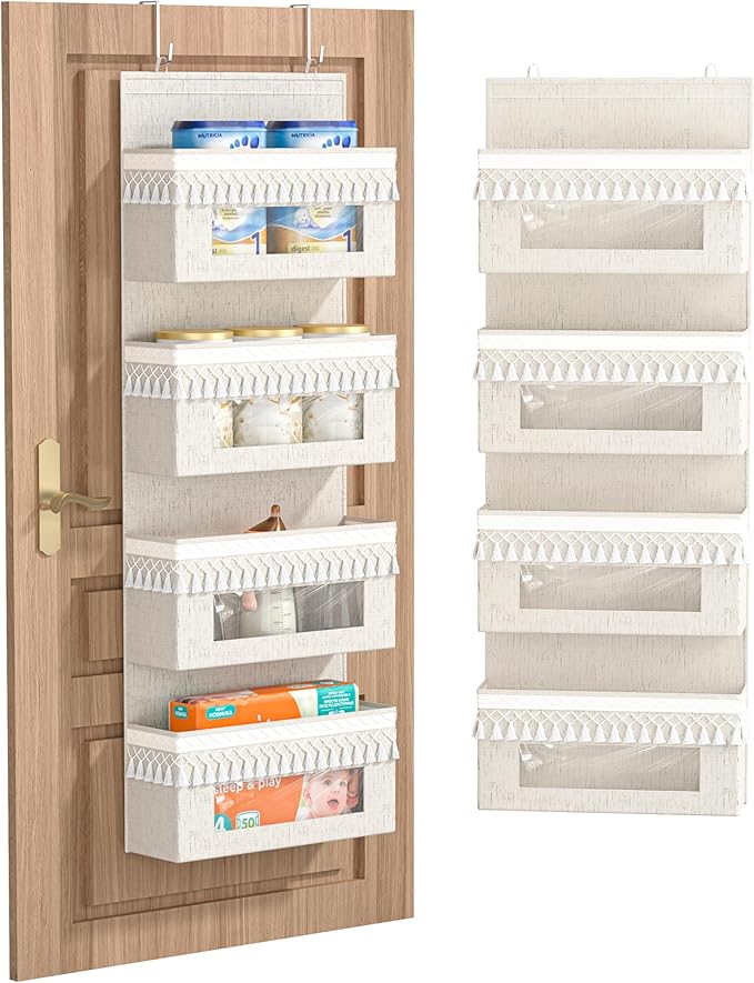Aokeyee 4 Tier Over The Door Organizer Storage Nursery, Boho Door Organizer Hanging with Tassels and Clear Window, 55lb Behind The Door Storage for Baby Nursery, Bedroom, Bathroom