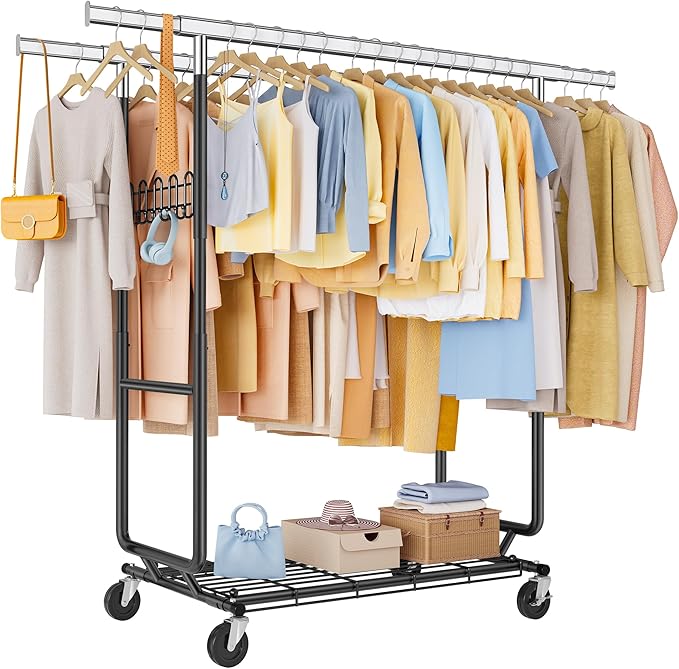 FAVOOSTY Heavy Duty Clothes Rack for Hanging Clothes Double Rods, Rolling & Extending Clothing Rack with Wheels, Garment Coat Rack Freestanding, Portable Clothes Rack, Black