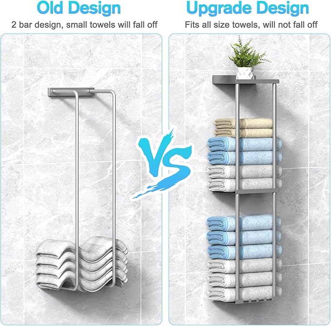 Liuoud Towel Rack Storage for Bathroom, Wall Mounted Vertical Rolled Towel Organizer Holder with Shelf, Holds Up 6 Large Bath Sheets, Silver Grey