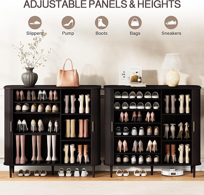 DHH Shoe Storage Cabinet with Sliding Door, 6-Tier Shoe Cabinet with Adjustable Shelves, Modern Freestanding Shoe Storage Organizer for Entryway, Hallway, Living Room (Dark Walnut, 47 ")