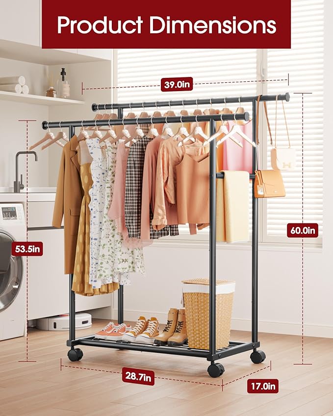 Sakugi Double Rods Clothes Rack - Metal Clothing Rack with Fixed Double Rods, Rolling Wheels & Built-In Shelf for Closet, Bedroom, Laundry Storage (39" x 17" x 60", Black)