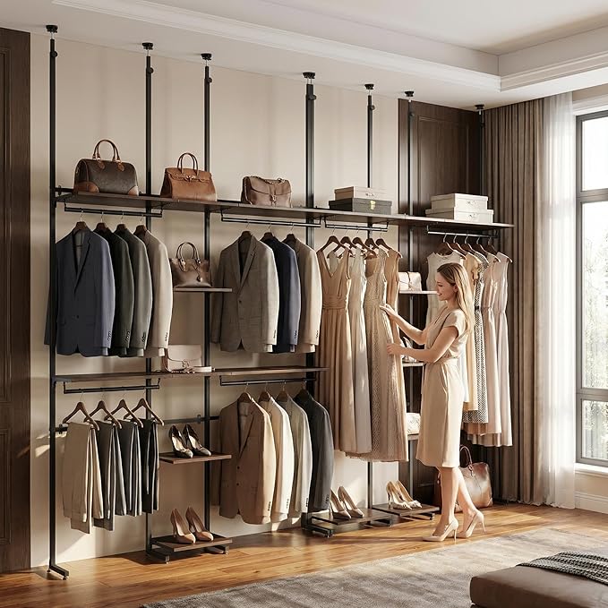 MZG Heavy Duty Rolling Garment Rack Shelving Clothes Rack Closet Organizer System with Rod Black 16.8" D x 48.4 W x 137.7" H