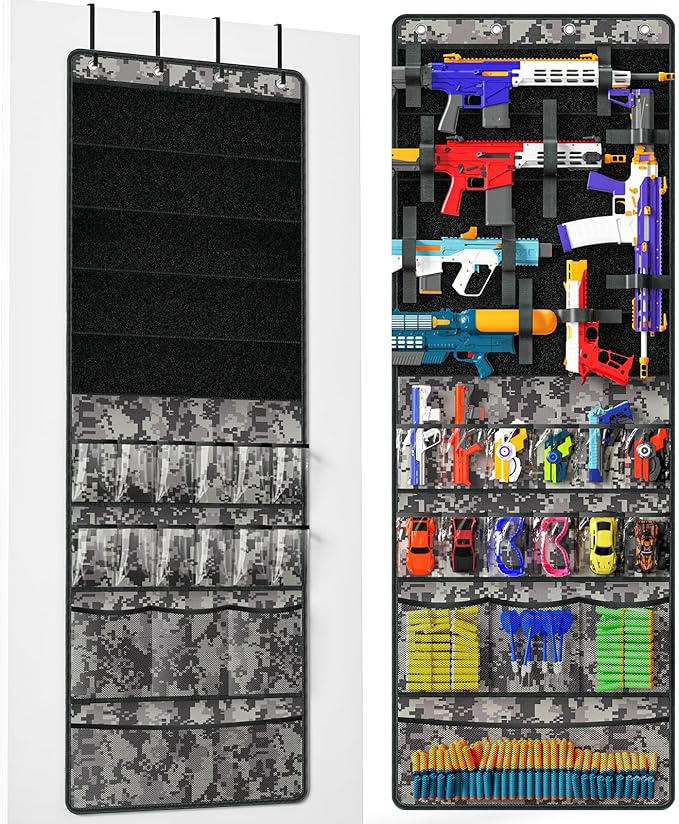 Over The Door Organizer for Toy Guns, Toys Organizer with Pockets, Hook&Loop Straps for Foam Blasters, Darts, Goggles, Hanging Toys Gun Storage for Kid Rooms, Play rooms, Grey Camouflage