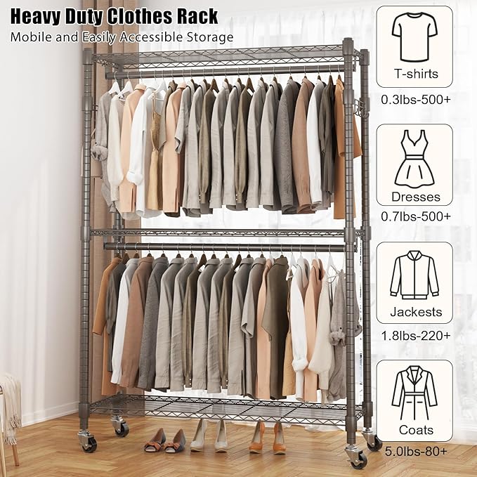BATHWA Clothes Racks for Hanging Clothes, 25 mm tube Heavy Duty 47.3"W x 17.7"D x 80.7"H Large Wardrobe Rack with Shelves & Wheels Rolling Multifuctional for Bedroom Laundry Walk-in Closet Organizer
