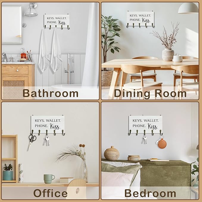 Keys Wallet Phone Kiss Key Holder for Wall 10"x5.12", Entryway Key Hanger Wall Mount, Gifts for Couples Family Cute House Wooden Hanging Keys Holder Decor for Entryway Front Door（5 Hooks）