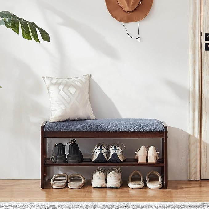 Achicsofar Shoe Rack Bench,2 Tier Solid Wooden Entryway Bench with Shoe Storage, Shoe Rack with Cushion for Living Room, Hallway(Grayish Blue, 31.5")