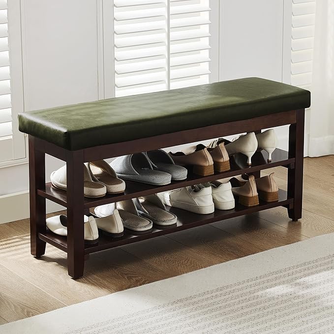 40" Shoe Bench with Leather Cushion, 2-Tier Shoe Rack Entryway Bench, Wood Bench for Front Door Entrance, Mudroom, Hallway, Wooden Shoe Shelves, Shoe Organizer, Shoe Storage, Green
