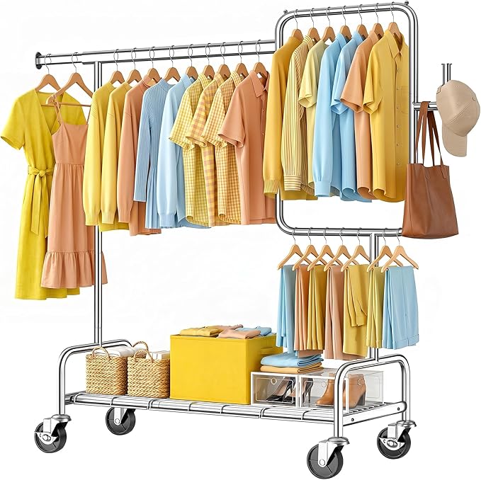 SOLEDI Heavy Duty Partitioned Clothes Rack, 600 LBS Load Metal Garment Rack with Shelves & Lockable Wheels, Rolling Hanging Rack for Bedroom, Laundry Room, Store & Garage (Silver)