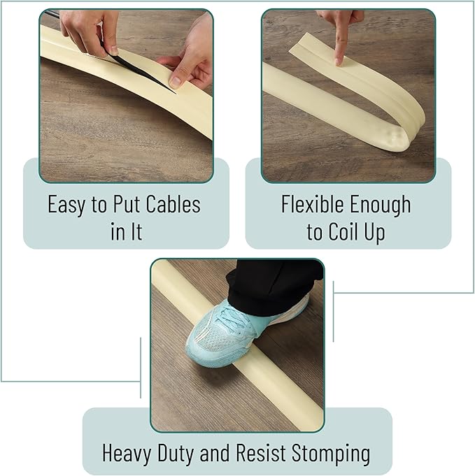 Bates- Floor Cord Cover, 30ft, Cable Cavity 0.6" (W) x 0.31" (H), Heavy Duty Wire Protector, PVC Extension Cords Hider, Protect Cords, Prevent Cable Trips, Cord Hider for Office, Home, Outdoor