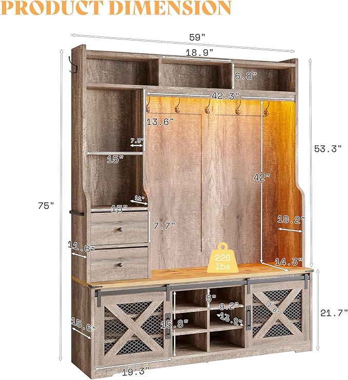 AMERLIFE 75"H 7-in-1 Farmhouse Hall Tree with Bench and shoe storage, LED Entryway Bench with Coat Rack, 12 Shoe Cubbies, 2 Drawers, Barn Doors & Adjustable Shelf, Mudroom Hallway Cabinet, Rustic Grey