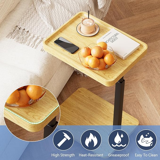 Tv Tray,Adjustable Height C Shaped End Side Table for Eating on Couch That Slide Under,360°Swivel Sofa Snack Dinner Table with Wheels for Living Room and Bedroom, Bed,Chair(Oak+Black)