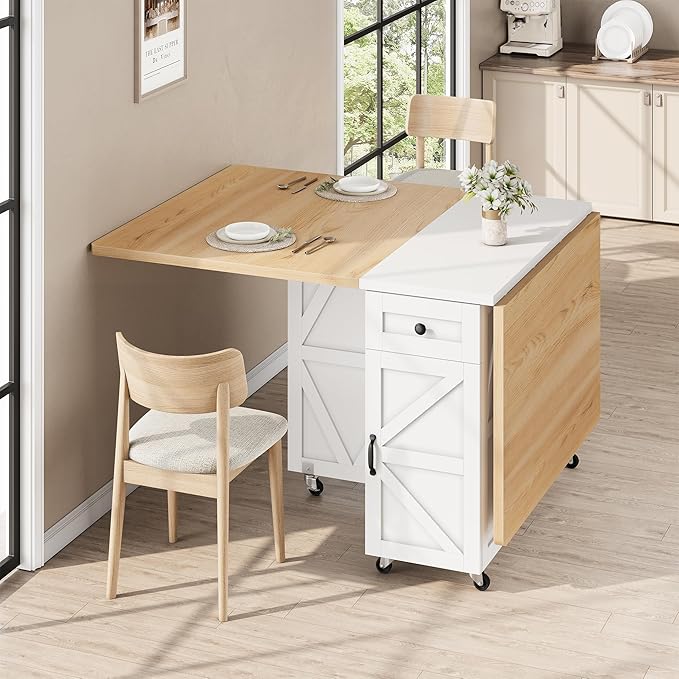 Jocoevol Space Saving Folding Dining Table for 4, Farmhouse Foldable Dining Table with Drawer and Storage Shelf, 6 Wheels Multipose Expandable Kitchen Drop Leaf Table for Small Space (Pear Wood White)