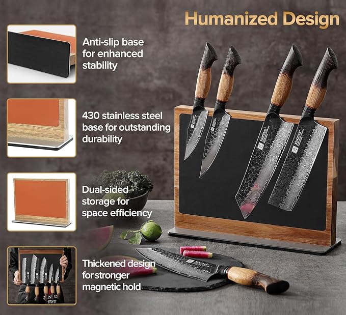 XINZUO Double Sided Magnetic Knife Rack (12.6 X 4 X 9.3inches)-Natural Acacia Wood Stand With Dual-Tone Leather Upholstery,Raw And Cooked Knife Storage Zones，430 Stainless Steel Base