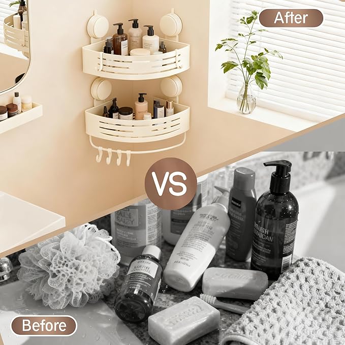 Corner Shower Caddy Bathroom Organizer（2-Pack Cream White）,No-Drilling Aluminum Suction Cup Corner Shower Shelf with Towel Bar & Hooks,Detachable and Reusable Bathroom and Kitchen Storage