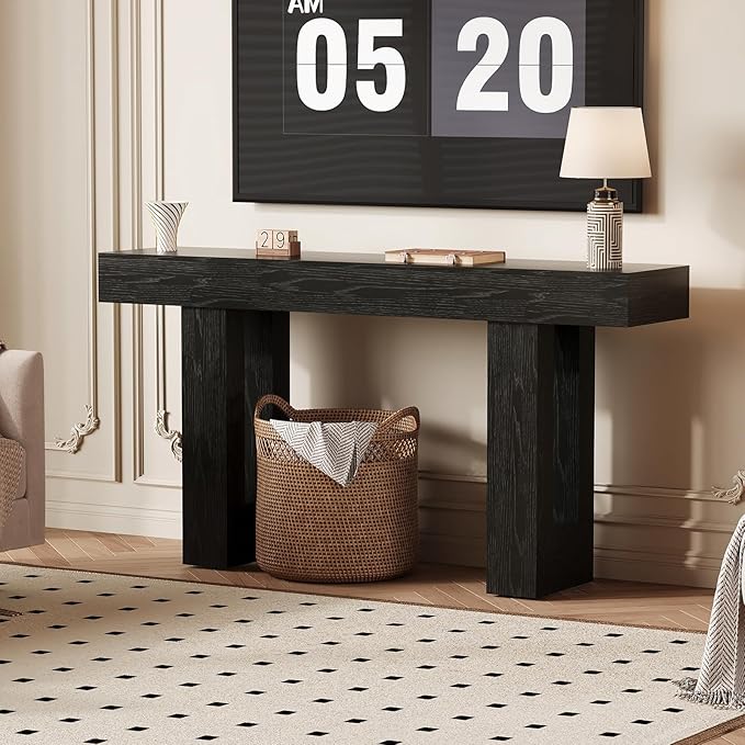 IDEALHOUSE 63" Entryway Table, Wood Console Table with Charging Station, Extra Long Sofa Table, Narrow Hallway Foyer Table for Entryway, Hallway, Living Room, Black