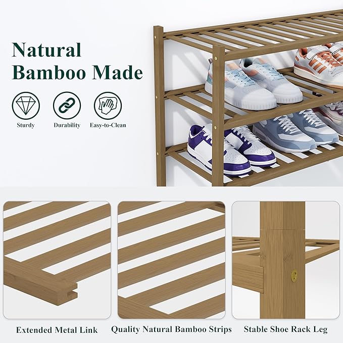 Smiry Bamboo Shoe Rack, 4 Tier Free Standing Wooden Shoe Organizer, Stackable Wood Shoe Storage Shelf for Closet, Entryway, 14 Vertical Slats, 2+2 Stack Heavy-Duty Legs, 26.8"x11"x26", Walnut
