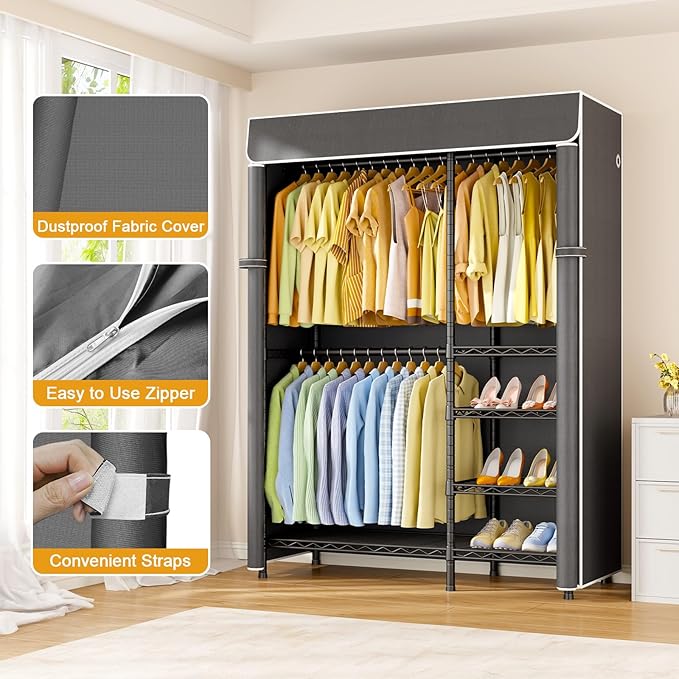 ULIFHOME F2C Clothes Rack with Cover, Clothing Racks for Hanging Clothes, Heavy Duty Garment Rack with Shelves and Hanger Rods, Black Closet with Dark Gray Cover, 47.2"W x 16.5"D x 78.3"H, Load 630lbs