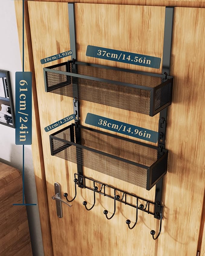 Consumest Over The Door Hooks Organizer - 3 Tier Door Hanger with 9 Coat Hooks & 2 Mesh Basket, Back Storage Organizer Hanging Towels for Bathroom, Bedroom, Black