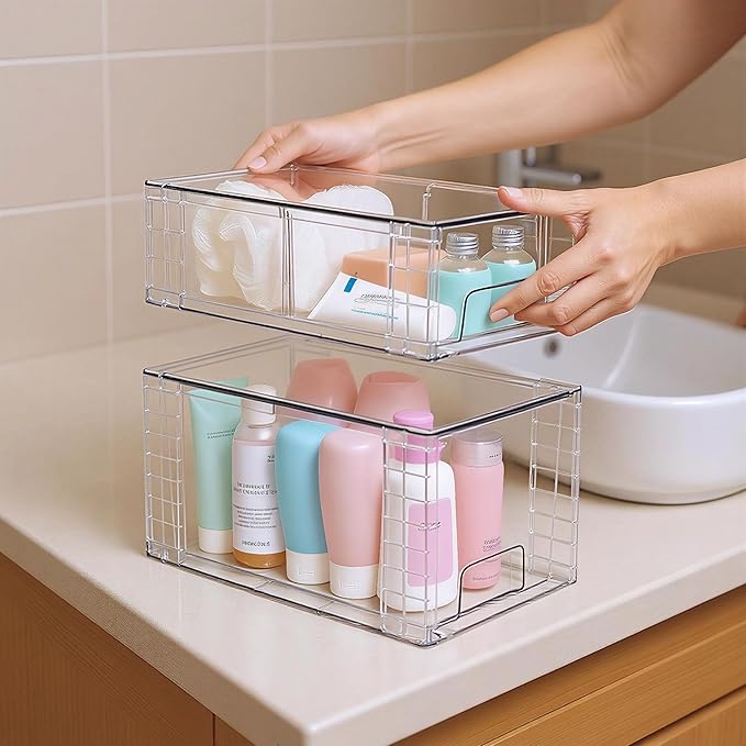 Clear Stackable Acrylic Storage Drawers(2 Pack), Plastic Organizer Bins with Handles, Easy Assembly for Bathroom Kitchen Pantry Cabinet Under Sink Snack Home Storage Solutions