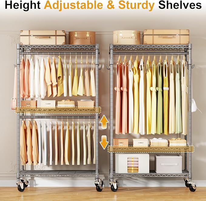 ULIFHOME P1 Rolling Clothing Rack with Lockable Wheels, Heavy-Duty Garment Rack for Hanging Clothes, Portable Closet Wardrobe with Shelves, 35.5" W x 15.7" D x 80.5" H, Hold 500lbs, Grey