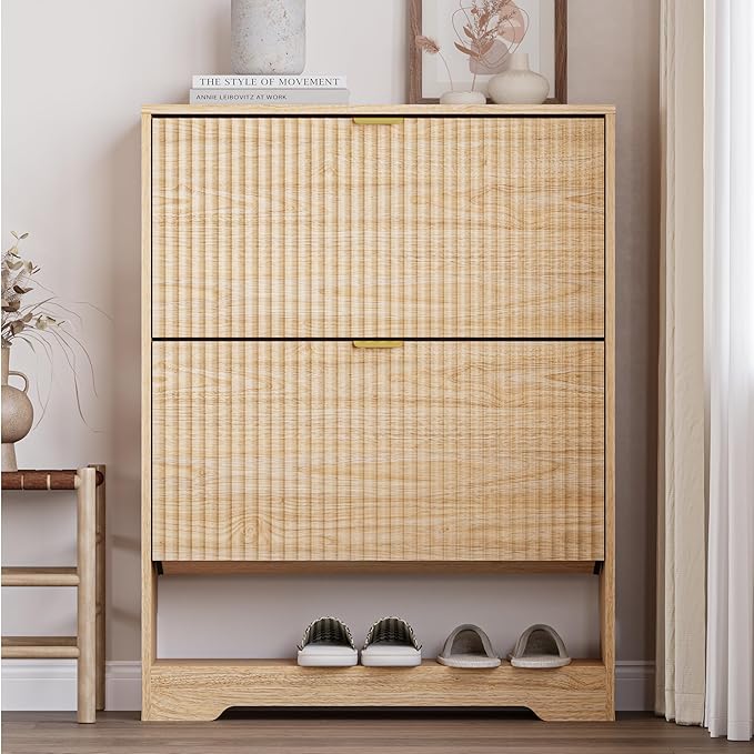 BORNOON Shoe Cabinet with 2 Flip Drawers, Fluted Shoe Storage Cabinet with Adjustable Shelves, Freestanding Rack and Organizer for Entryway, Hallway