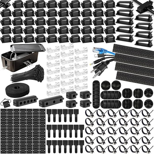 353 PCS Cable Management Kit - 1 Cable Management Box, 4 Cable Sleeve Split, 130 Adhesive Cable Clip, 17 Cable Holder, 1 Roll Cable Organizer Strap, 150 Cable Tie with 50 Mount, for Computer Desk TV