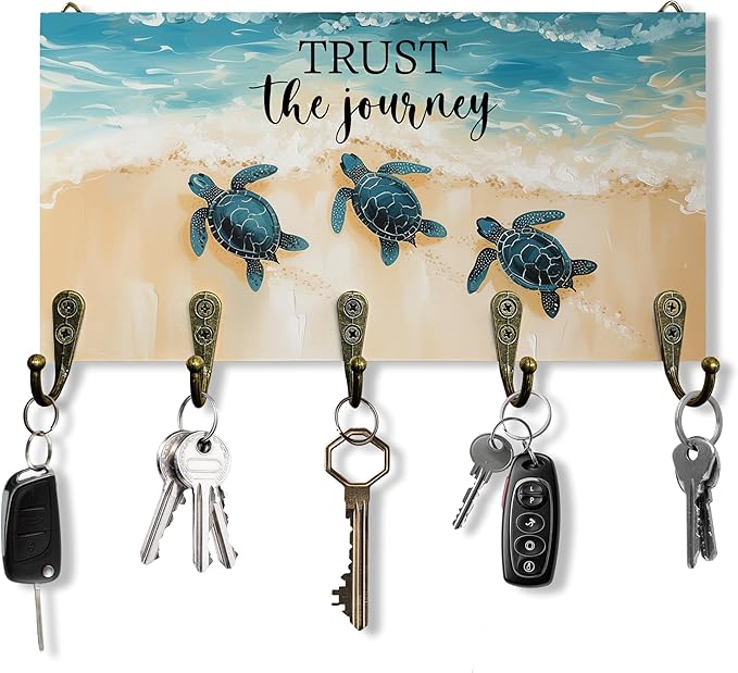 Sea Turtle Gifts Key Holder for Wall 10"x5.12", Gifts for Turtle Lovers Key Hanger Wall Mount, Trust The Journey Coastal Beach Wooden Hanging Keys Holder Decor for Entryway Beach House