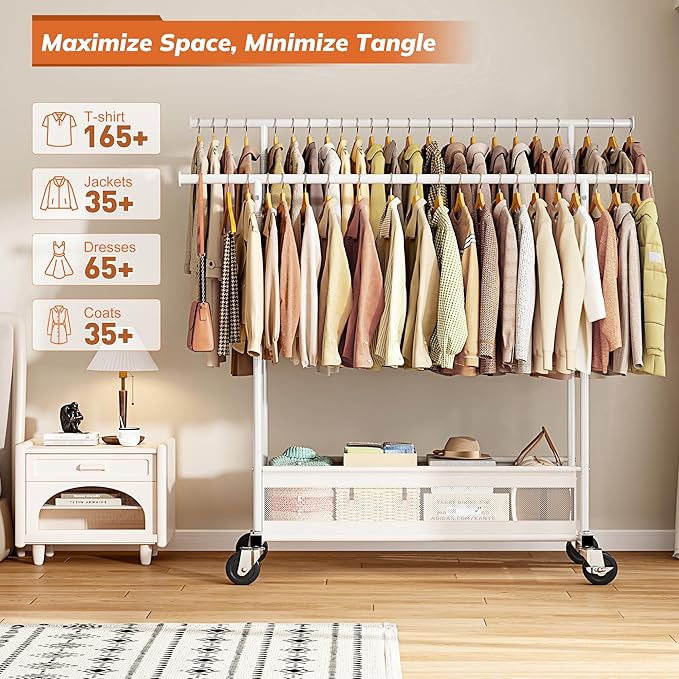 Clothes Rack Clothing Racks for Hanging Clothes, Rolling Clothes Rack Portable Clothing Rack, Double rod clothing rack with Storage Basket, Garment rack for Bedroom, Laundry Room, White