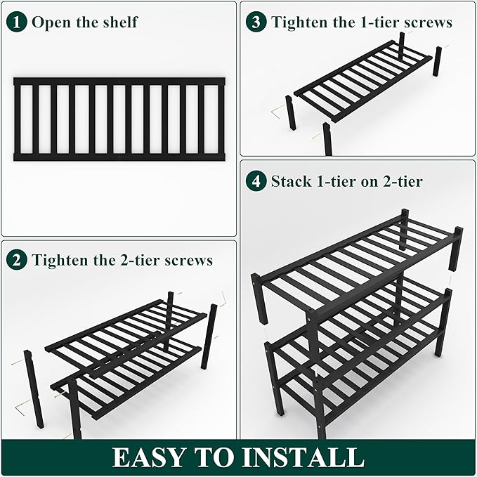 Smiry Bamboo Shoe Rack, 3 Tier Free Standing Wooden Shoe Organizer, Stackable Wood Shoe Storage Shelf for Closet, Entryway, 12 Vertical Slats, 2+1 Stack Standard Legs, 26.8"x11"x19.5", Black