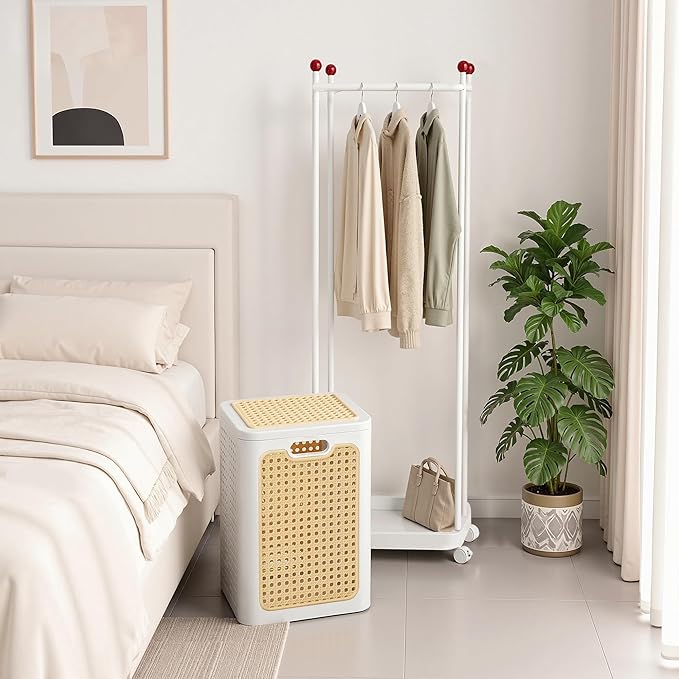VECELO Laundry Hamper with Clothes Rack, Rolling Laundry Basket with Lid and Wheels, Tall Clothes Stand for Hanging Clothes, Multifunctional Laundry Organizer for Bedroom, Bathroom, White