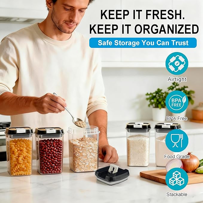 6-Piece Airtight Food Storage Containers with Lids - BPA-Free Kitchen Pantry Canisters for Cereal, Pasta, Snacks, Candy & Dry Foods, Stackable Space-Saving Design