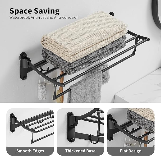 BESy 24 Inch Matte Black Towel Racks, Bathroom Towel Shelf with Foldable Towel Bar Holder and Towel Hooks, Wall Mounted Multifunctional Bathroom Accessories, Double Towel Bars