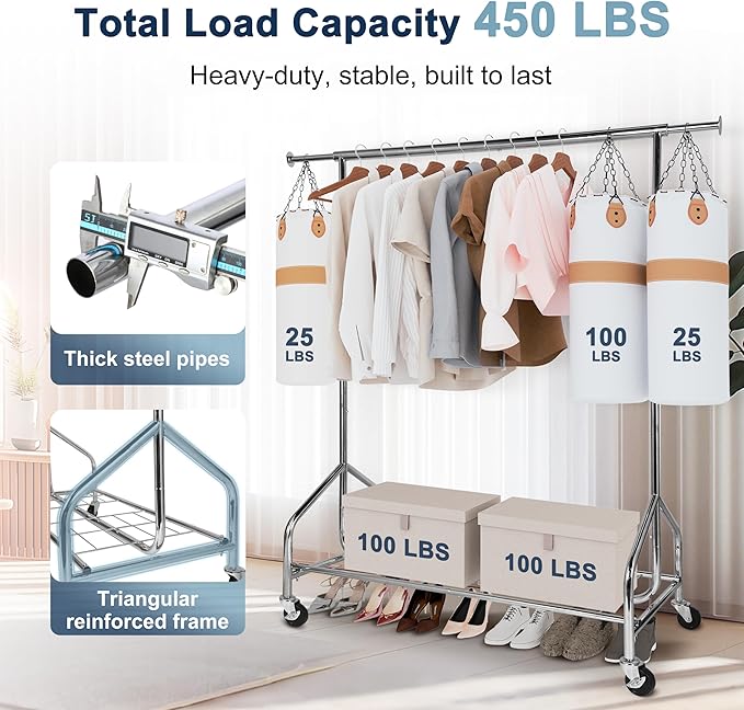 Whitmor Heavy Duty Clothes Rack, Rolling Garment Rack with Lockable Wheels, Adjustable & Extendable Metal Clothing Rack Shelves with Bottom Shelf, Max Load 450LBS for Hanging Clothes, Chrome