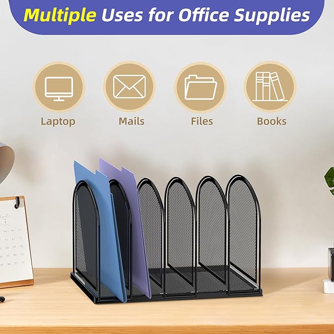 SUPEASY File Organizer for Desk, 5-Section Mesh Desk Organizer, Vertical File Holder Desktop Organizer File Sorter, File Folder Holder for Office Supplies, Black (Pack of 2)