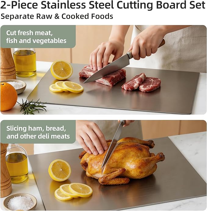 2-Piece Stainless Steel Cutting Board with Lip, Kitchen Chopping Board for Cutting Meat, Veggies and Fruit, 16 × 12 × 0.8 inch