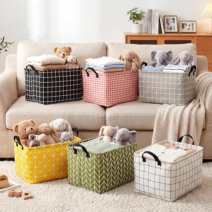 CHENGU 6 Pack Storage Basket with Handle Collapsible Canvas Bin for Gifts Plaid & Geometric Pattern Clothing Storage Bin Large Foldable Basket for Shelves, Closet, Nursery, Home Organization, 6 Colors