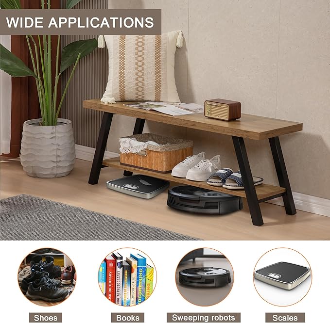 SUNTAGE Entryway Bench, Farmhouse Indoor Entry Way Shoe Benches Seat, Industrial Metal Shoe Storage Bench Organizer for Living Room, Bedroom, Hallway (Rustic Oak)