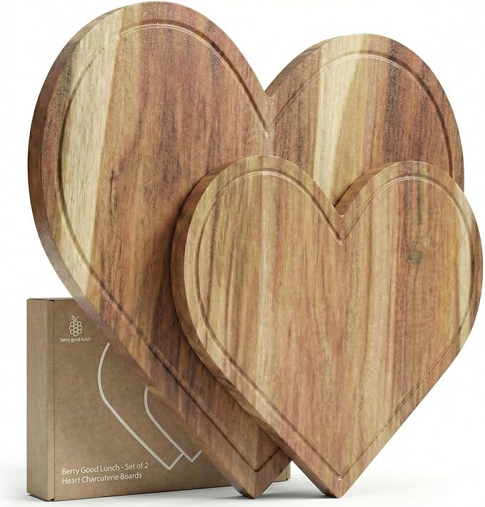 Set of 2 Heart Charcuterie Boards - Acacia Wood Cutting Heart Shaped Charcuterie Board - Mother’s Day Gifts for Mom, Wife, Grandma, Birthday Gifts for Mother & Grandmother