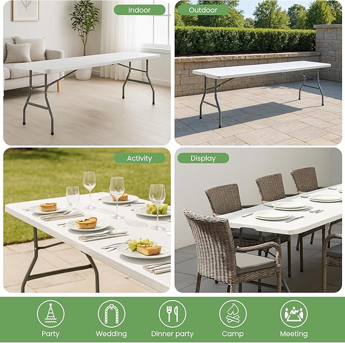 Folding Table 8FT Portable Heavy Duty Plastic Table with Carrying Handle Fold-in-Half Utility Foldable Tables for Parties Wedding Events Dining Indoor Outdoor Picnic (White)