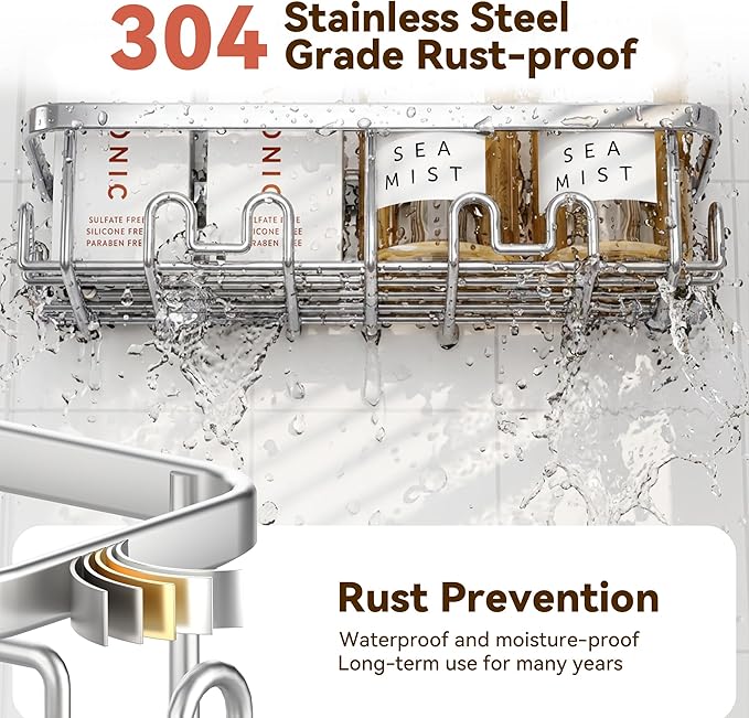 YASONIC Shower Caddy Adhesive 5-Pack, Rustproof Shower Organizer with Holder, No Drilling Shower Shelves for Inside Shower, Large Capacity Bathroom Organizers and Storage for Home & Renters, Silver